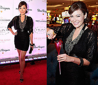 Lindsay Price Wearing Black Lace Blouse and Chain Necklace in Las Vegas