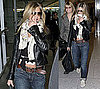 Photos of Jennifer Aniston Wearing a Black Leather Jacket and Scarf Arriving at Heathrow Airport in London