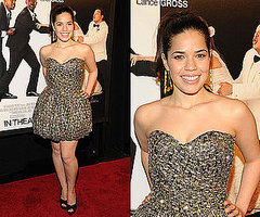 America Ferrera Attends NYC Premiere of Our Family Wedding in Gold Sweetheart Dress