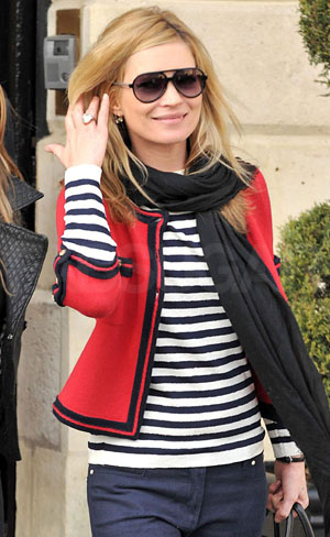 Photo of Kate Moss Wearing Piped Red Jacket and Striped Shirt in Paris