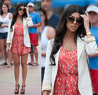 Kourtney Kardashian in Miami in Coral Print Romper and Ivory Blazer