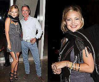 Kate Hudson Wearing Gray Dress, Fringe Scarf, and Charlotte Olympia Eve Booties