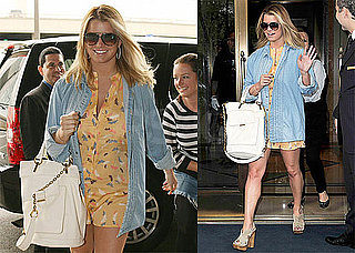 Pictures of Jessica Simpson Wearing a Short Dress and Chambray Shirt in NYC