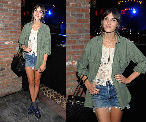 Alexa Chung Wearing Crochet Top, Army Green Blouse, Cutoff Denim Shorts