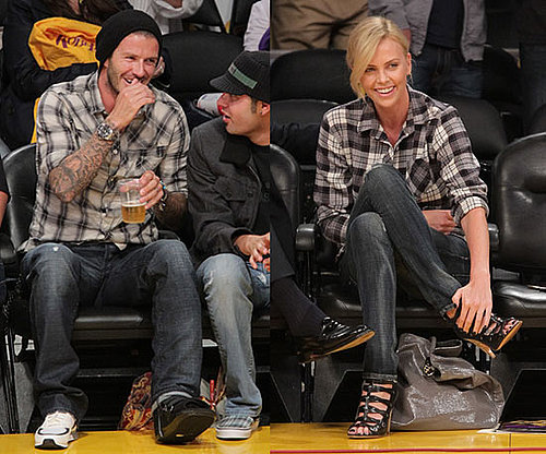 David Beckham and Charlize Theron Wear Plaid and Dark Denim at LA Lakers Game 2010-04-21 15:00:22