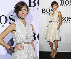 Jessica Alba Attends Hugo Boss Fashion Show Wearing Off-White Knee-Length Dress Jessica Alba Attends Hugo Boss Fashion Show Wearing Off-White Knee-Length Dress