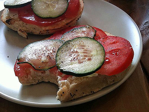 Picture of Bagel With Cream Cheese, Cucumbers, and Heirloom Tomatoes
