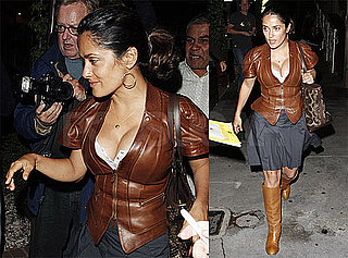 Pictures of Salma Hayek Leaving Dinner at Madeo in LA Wearing a Leather Jacket