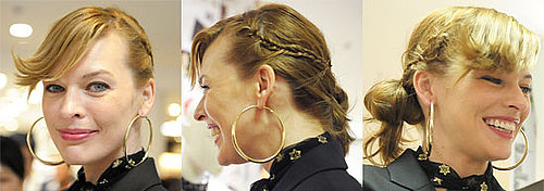 Milla Jovovich Hairstyle With Flippy Bangs, Braids, and Tousled Bun