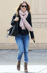 Pictures of Rachel Bilson in a Boyfriend Blazer, Jeans, and Spotted Scarf