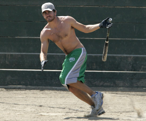Jake Gyllenhaal shed his shirt and took off running during a friendly softball game in August 2005.
Jake Gyllenhaal shed his shirt and took off running during a friendly softball game in August 2005.