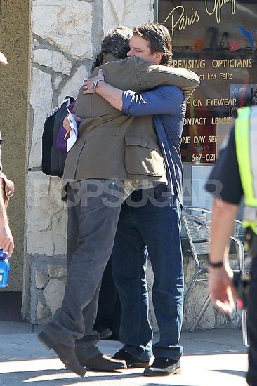 Matt Damon Shares a Serious Man Hug on Set Matt Damon Shares a Serious Man Hug on Set