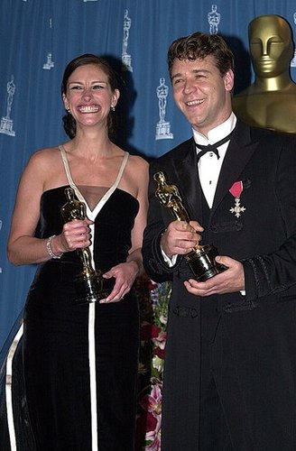 Julia Roberts' grin couldn't be contained after she won the Best Actress Academy Award for her role in Erin Brockovich; she posed backstage with an equally smiley Russell Crowe in 2001.
Julia Roberts' grin couldn't be contained after she won the Best Actress Academy Award for her role in Erin Brockovich; she posed backstage with an equally smiley Russell Crowe in 2001.