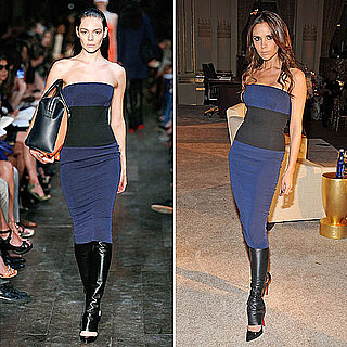 Victoria Beckham Wearing Leather Leggings and Spring '12 Dress