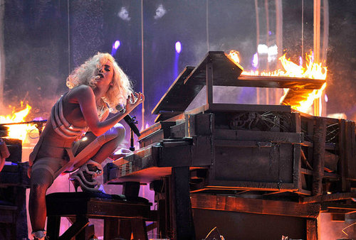 Lady Gaga performed with a fiery piano during the 2009 show.
Lady Gaga performed with a fiery piano during the 2009 show.