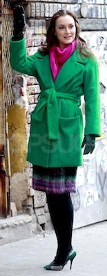 Leighton Meester in Diane von Furstenberg Coat, Milly Skirt