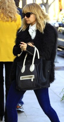 Nicole Richie in Fur Helmut Lang Jacket, House of Harlow Booties, and Celine Handbag