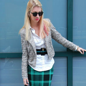 Plaid Skirt and Tweed Blazer