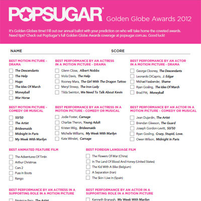 2013 Golden Globe Awards Printable Ballot