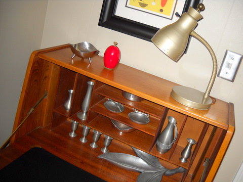 Vintage pewter in English desk Vintage pewter in English desk