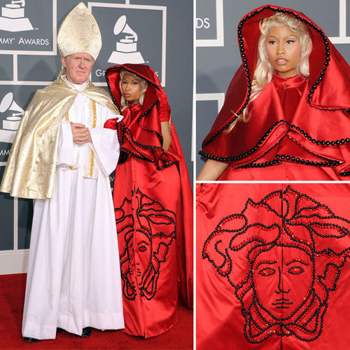 Nicki Minaj and Her Pope Makes a Splash in Red Satin Versace Cape at the 2012 Grammy Awards