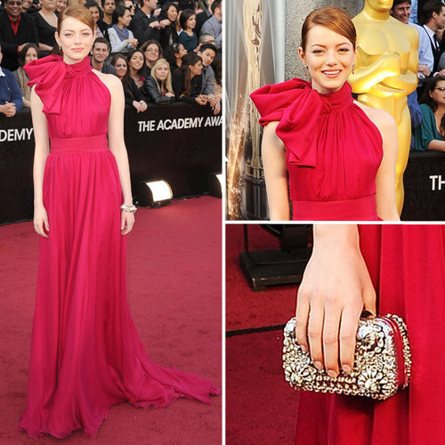 Emma Stone Wears One Shouldered Red Giambattista Valli Gown to the 2012 Oscars: Similar to Nicole Kidman's 2007 Baleciaga, non?