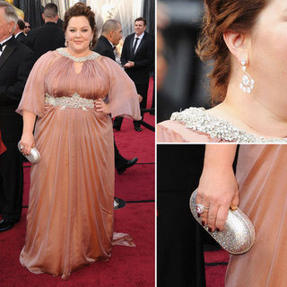 Bridesmaids Star Melissa McCarthy Goes Glam at the 2012 Oscars in Marina Rinaldi Gown and Custom Made Brian Atwood Heels