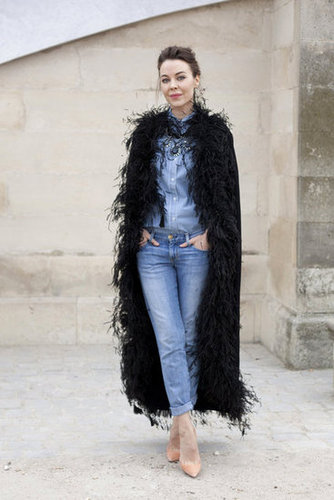 Denim on denim gets a whimsical finish with a furry full coat.
Denim on denim gets a whimsical finish with a furry full coat.