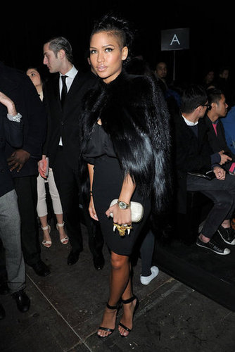 Cassie played up her tough edge with a slick fur coat and black cocktail dress at Givenchy.
Cassie played up her tough edge with a slick fur coat and black cocktail dress at Givenchy.