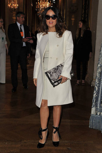 Salma Hayek went for an all-white look, topped off by ballerina-inspired heels, for Stella McCartney's Fall '12 show.
Salma Hayek went for an all-white look, topped off by ballerina-inspired heels, for Stella McCartney's Fall '12 show.