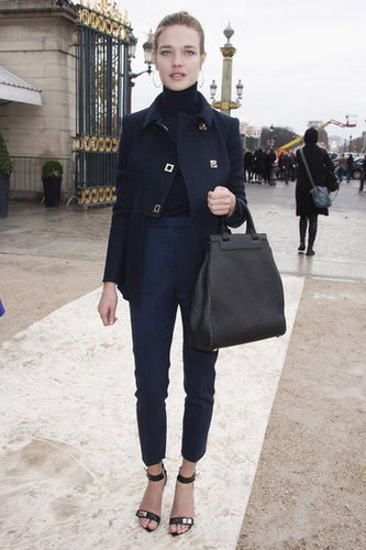 Natalia Vodianova stuck her hue of choice — navy — for the Valentino show.
Natalia Vodianova stuck her hue of choice — navy — for the Valentino show.