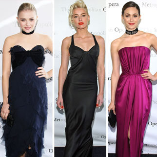January Jones and Emma Roberts in YSL at Met Opera