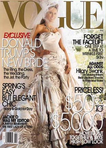 Melania Trump shared a photo of her wedding dress in Vogue following her January 2005 nuptials with Donald Trump.
Melania Trump shared a photo of her wedding dress in Vogue following her January 2005 nuptials with Donald Trump.