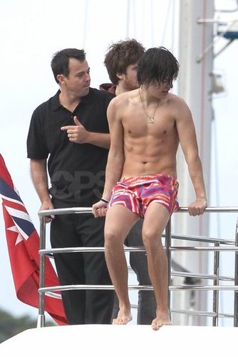 One Direction's Harry Styles hung on to the railing before jumping into the water.
One Direction's Harry Styles hung on to the railing before jumping into the water.