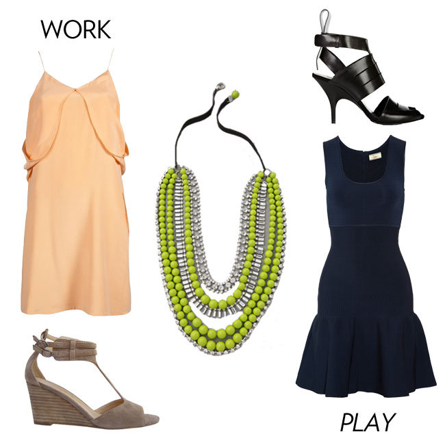 Let this bold Tom Binns-inspired necklace take the lead. Don a light orange-hued shift dress with nude wedges for day. Then, turn up the slick factor for evening with a darker-hued mini and edgy black sandals.
Adia Kibur Multi-Strand Necklace ($174)
Work: 3.1 Phillip Lim Short Faded Orange Silk Dress ($495), Marais USA T-Bar Wedge in Smoke ($160)
Play: Issa Ruffle Knitted Dress ($600), Alexander Wang Nadia Sandals ($525) Let this bold Tom Binns-inspired necklace take the lead. Don a light orange-hued shift dress with nude wedges for day. Then, turn up the slick factor for evening with a darker-hued mini and edgy black sandals.
Adia Kibur Multi-Strand Necklace ($174)
Work: 3.1 Phillip Lim Short Faded Orange Silk Dress ($495), Marais USA T-Bar Wedge in Smoke ($160)
Play: Issa Ruffle Knitted Dress ($600), Alexander Wang Nadia Sandals ($525)