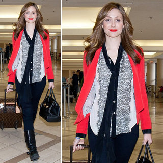 Emmy Rossum Lace Blouse With Red Blazer