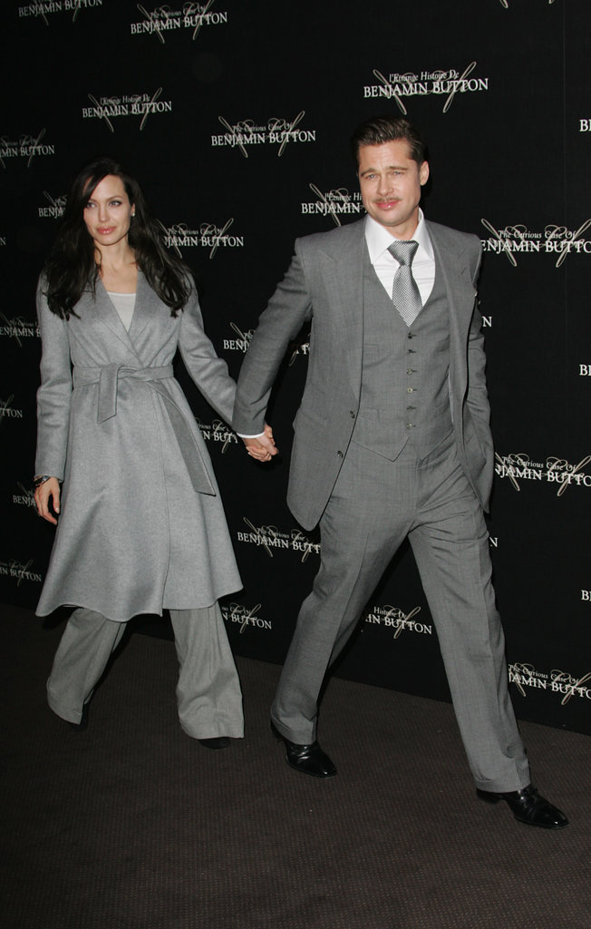 Angelina Jolie and Brad Pitt wore matching shades of gray at his Paris premiere of The Curious Case of Benjamin Button in January 2009.
Angelina Jolie and Brad Pitt wore matching shades of gray at his Paris premiere of The Curious Case of Benjamin Button in January 2009.