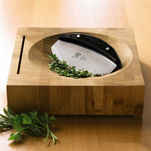 Mezzaluna Nestled in Bamboo Chopping Block Mezzaluna Nestled in Bamboo Chopping Block