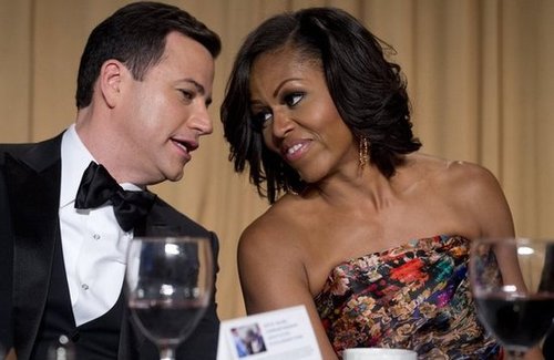 First Lady Michelle Obama and host Jimmy Kimmel chatted at the White House Correspondant's Dinner.
First Lady Michelle Obama and host Jimmy Kimmel chatted at the White House Correspondant's Dinner.