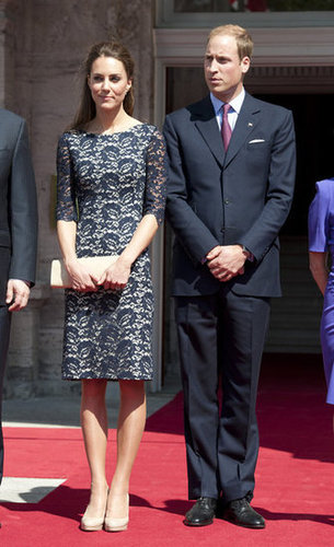 During the royal duo's tour through North America, Kate wore a blue lacy Erdem dress and beige LK Bennett pumps for a morning prayer service in Quebec City.
During the royal duo's tour through North America, Kate wore a blue lacy Erdem dress and beige LK Bennett pumps for a morning prayer service in Quebec City.