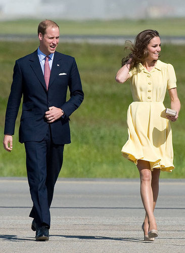 The Duchess of Cambridge stunned in a sweet yellow silk crepe Jenny Packham dress and her favorite LK Bennett beige pumps as they arrived in Calgary in July 2011.
The Duchess of Cambridge stunned in a sweet yellow silk crepe Jenny Packham dress and her favorite LK Bennett beige pumps as they arrived in Calgary in July 2011.