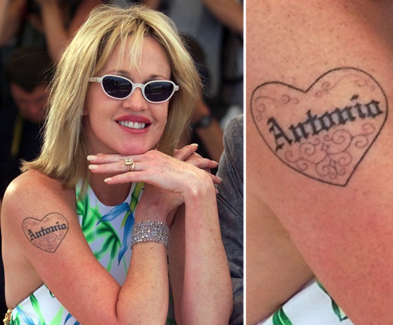 Melanie Griffith made her love for husband Antonio Banderas permanent in 2000 with a tattoo of his name on her arm.
Melanie Griffith made her love for husband Antonio Banderas permanent in 2000 with a tattoo of his name on her arm.
