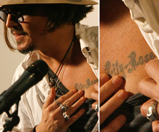 Johnny Depp has the name of his daughter, Lily Rose, inscribed across his heart.
Johnny Depp has the name of his daughter, Lily Rose, inscribed across his heart.