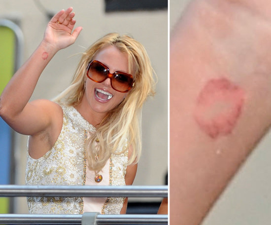 Britney Spears has a permanent kiss on her right inner wrist.
Britney Spears has a permanent kiss on her right inner wrist.
