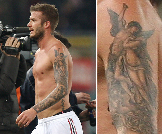David Beckham has angels decorating his left arm.
David Beckham has angels decorating his left arm.