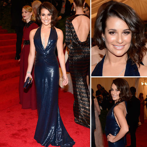 Pictures of Lea Michele in Navy Sequinned Diane von Furstenberg Dress on the Red Carpet at the 2012 Met Costume Institue Gala