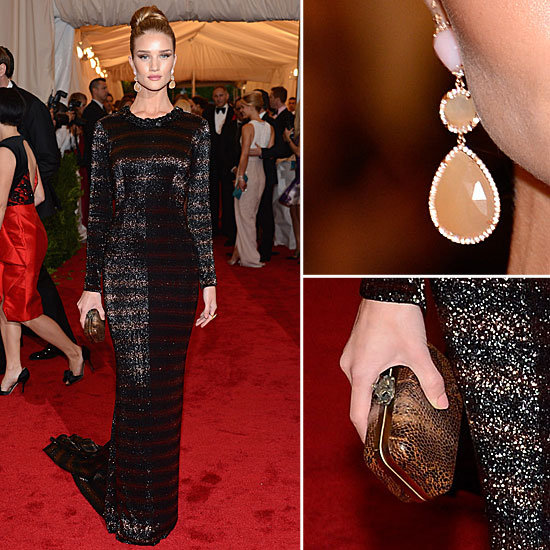 Pictures of Rosie Huntington-Whiteley in Striped Burberry Dress on the Red Carpet at the 2012 Met Costume Institue Gala