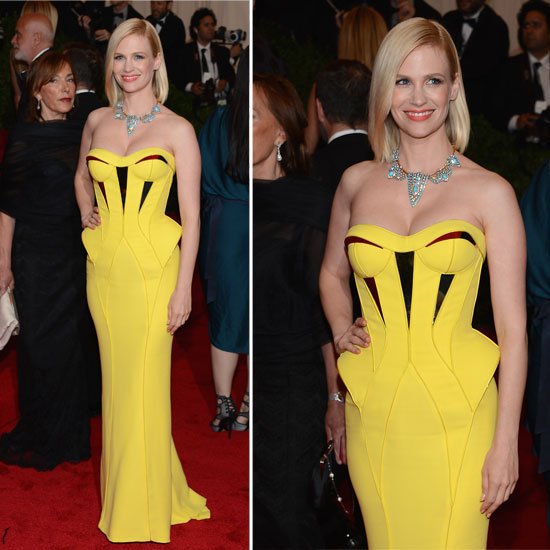 Pictures of Mad Men Star January Jones in Yellow Versace Gown on the Red Carpet at the 2012 Met Costume Institue Gala