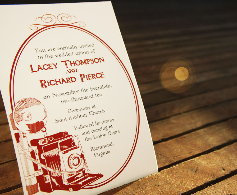 Can't leave the house without your camera? Pick the photographer-friendly vintage camera invitation design ($35 for digital file).
Can't leave the house without your camera? Pick the photographer-friendly vintage camera invitation design ($35 for digital file).