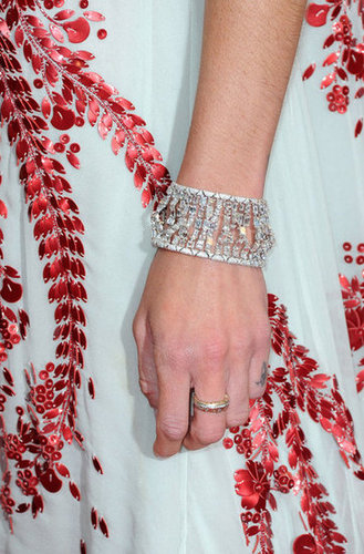 Erin paired a gorgeous diamond cuff with her embellished red leather petal Antonio Berardi dress.
Erin paired a gorgeous diamond cuff with her embellished red leather petal Antonio Berardi dress.